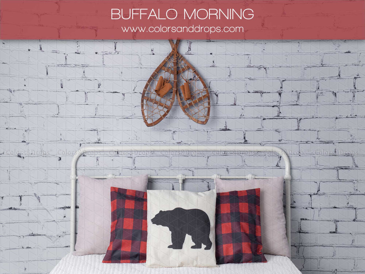 Christmas photo backdrop Buffalo Morning – white metal bed with plaid cushions and snowshoes | Colors&Drops