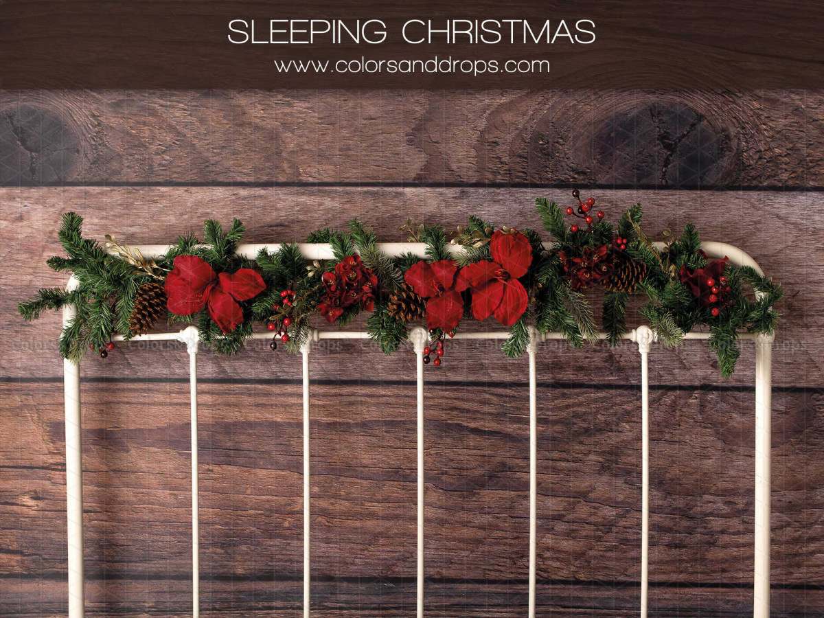 Fond photo Sleeping Christmas – tête de lit en métal blanc avec guirlande de Noël | Colors&Drops