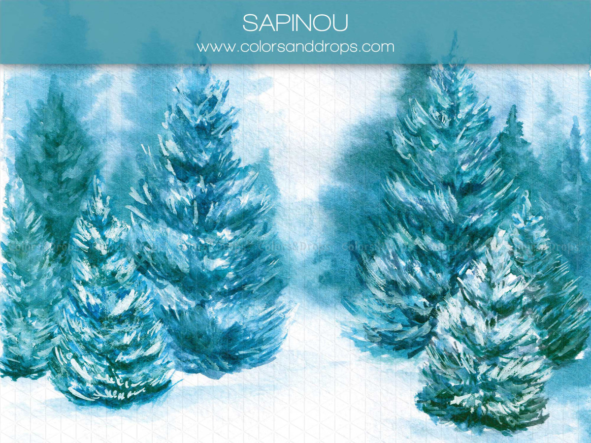 Fondo fotográfico de Navidad Sapinou – abetos nevados en acuarela | Colors&Drops
