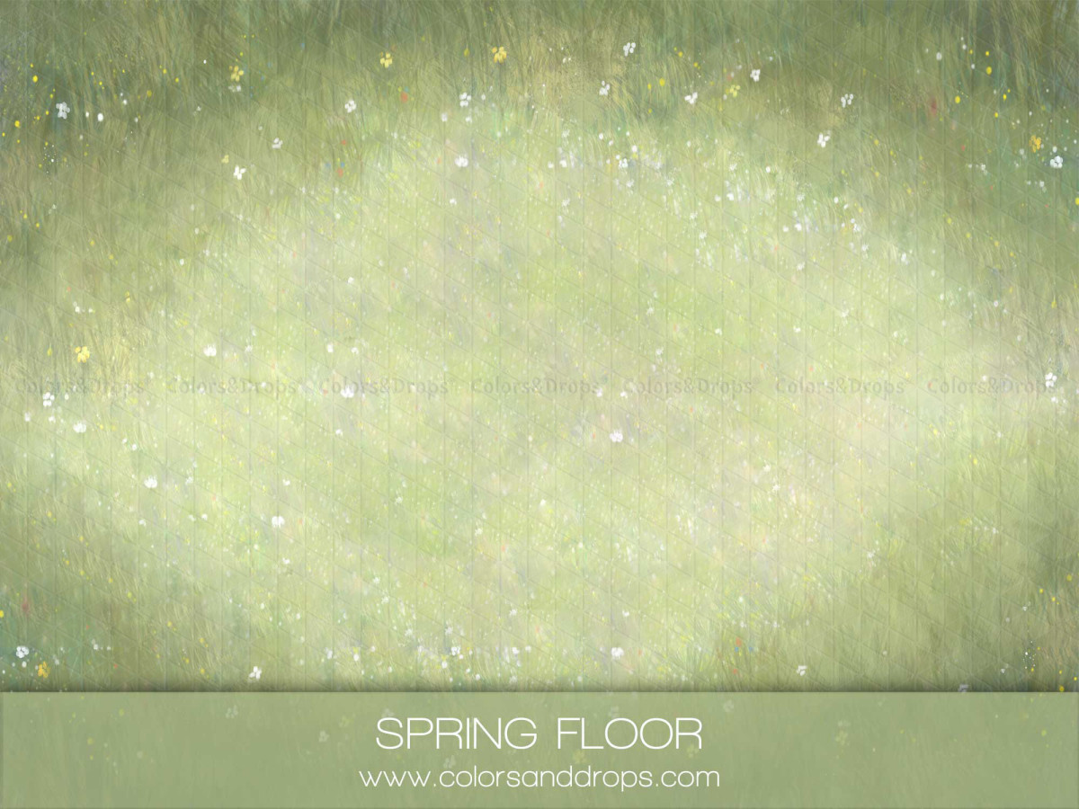 Photo backdrop & floor Springfloor – blurred green meadow with small flowers | Colors&Drops