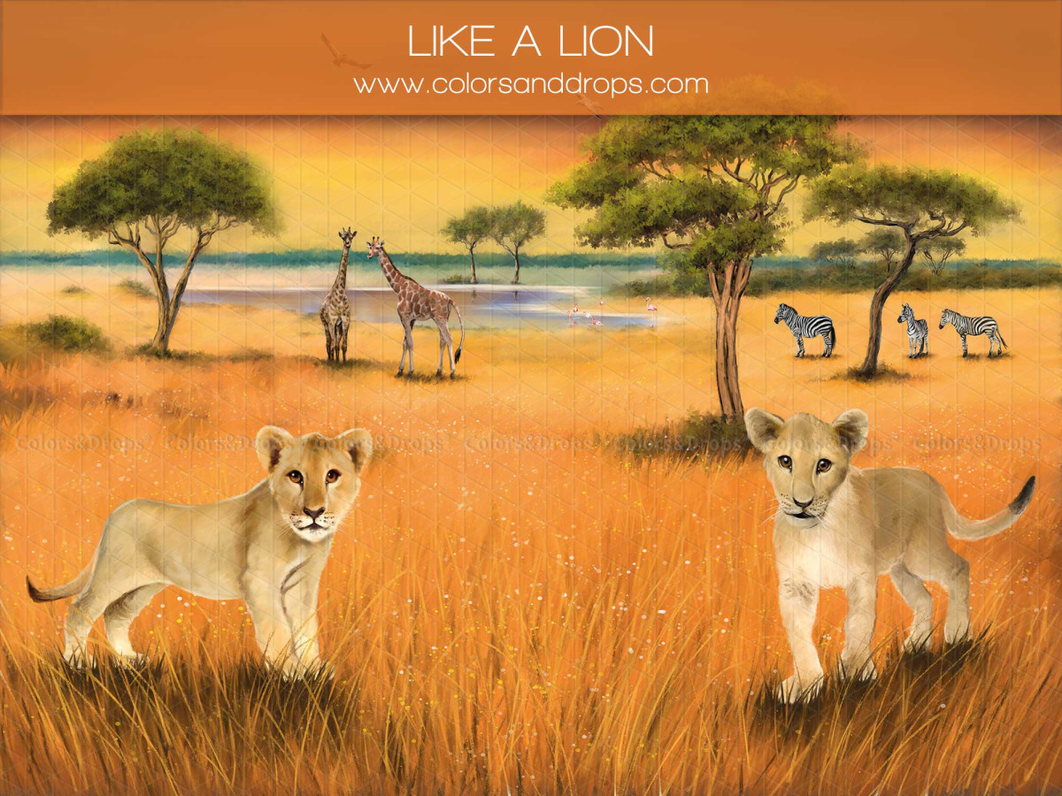 Fond photo bébé et smash cake Like a Lion – savane africaine avec lionceaux et girafes | Colors&Drops