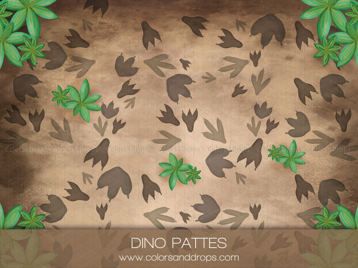 Photo floor Dino Pattes – dinosaur footprints and leaves on brown ground | Colors&Drops