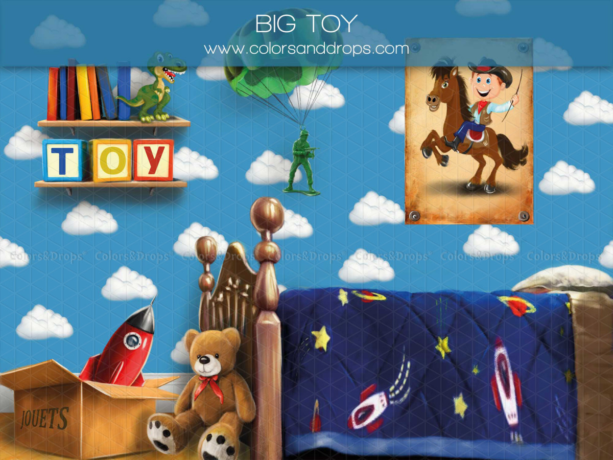 Fond photo bébé et smash cake Big Toy – chambre d'enfant avec jouets, fusée et nuages | Colors&Drops
