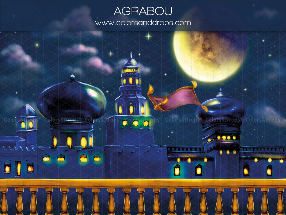 Baby & cake smash photo backdrop Agrabou – oriental palace under the moon with flying carpet | Colors&Drops