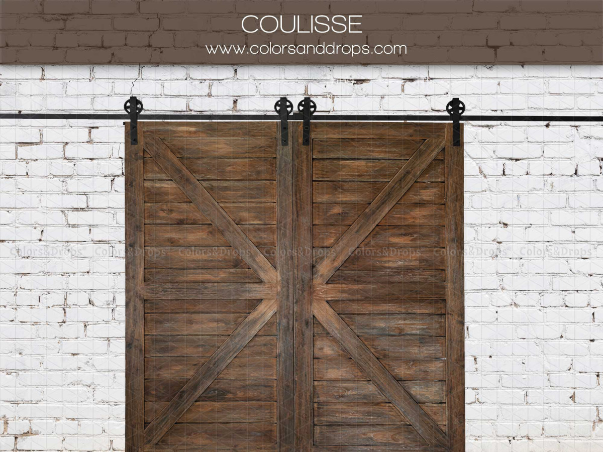 Fond photo Coulisse – porte coulissante de grange sur mur en brique blanche | Colors&Drops