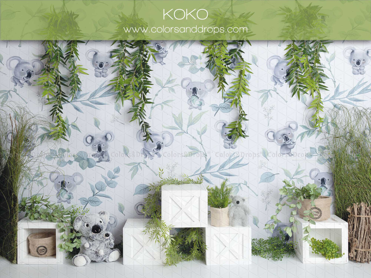 Baby & cake smash photo backdrop Koko – koala set with eucalyptus wallpaper and cubes | Colors&Drops