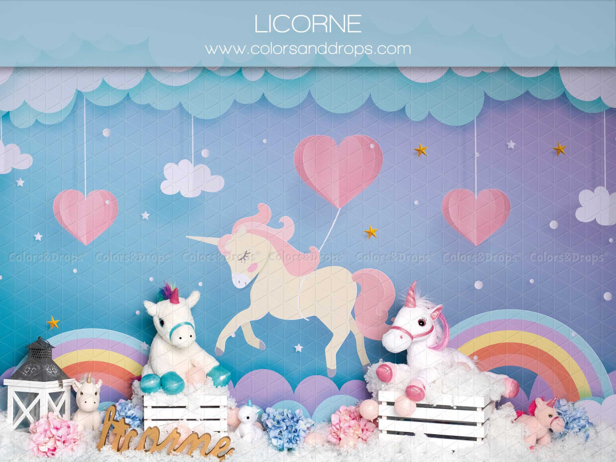 Fond photo bébé et smash cake Licorne – décor licorne avec arc-en-ciel et cœurs | Colors&Drops