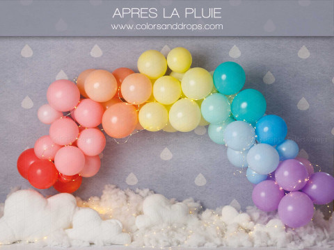 Baby & cake smash photo backdrop Apres la Pluie – rainbow balloon arch on clouds | Colors&Drops
