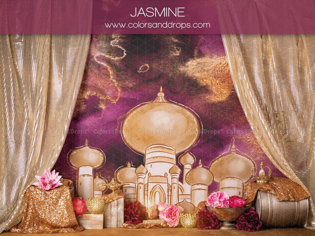 Baby & cake smash photo backdrop Jasmine – golden oriental palace with curtains and rug | Colors&Drops