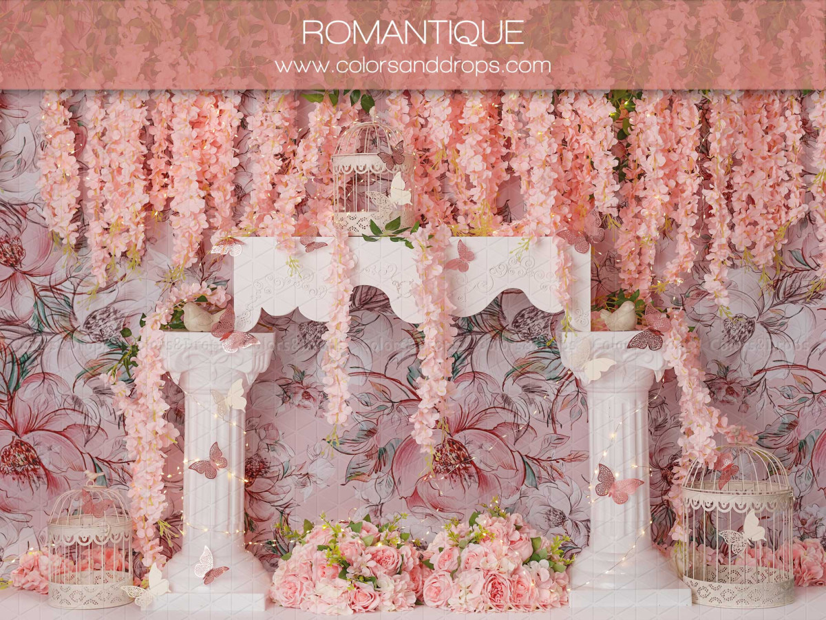Baby & cake smash photo backdrop Romantique – white columns with pink flower curtain | Colors&Drops