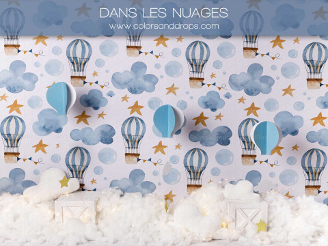 Fondo fotográfico de bebé y smash cake Dans les Nuages – papel pintado de globos aerostáticos y nubes con suelo | Colors&Drops