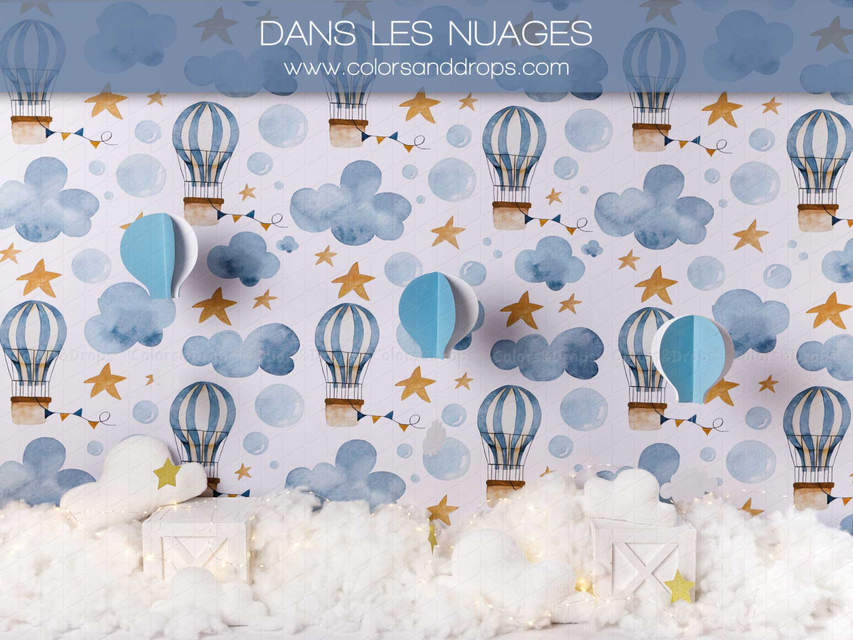 Baby & cake smash photo backdrop Dans les Nuages – hot air balloon and cloud wallpaper with cotton floor | Colors&Drops