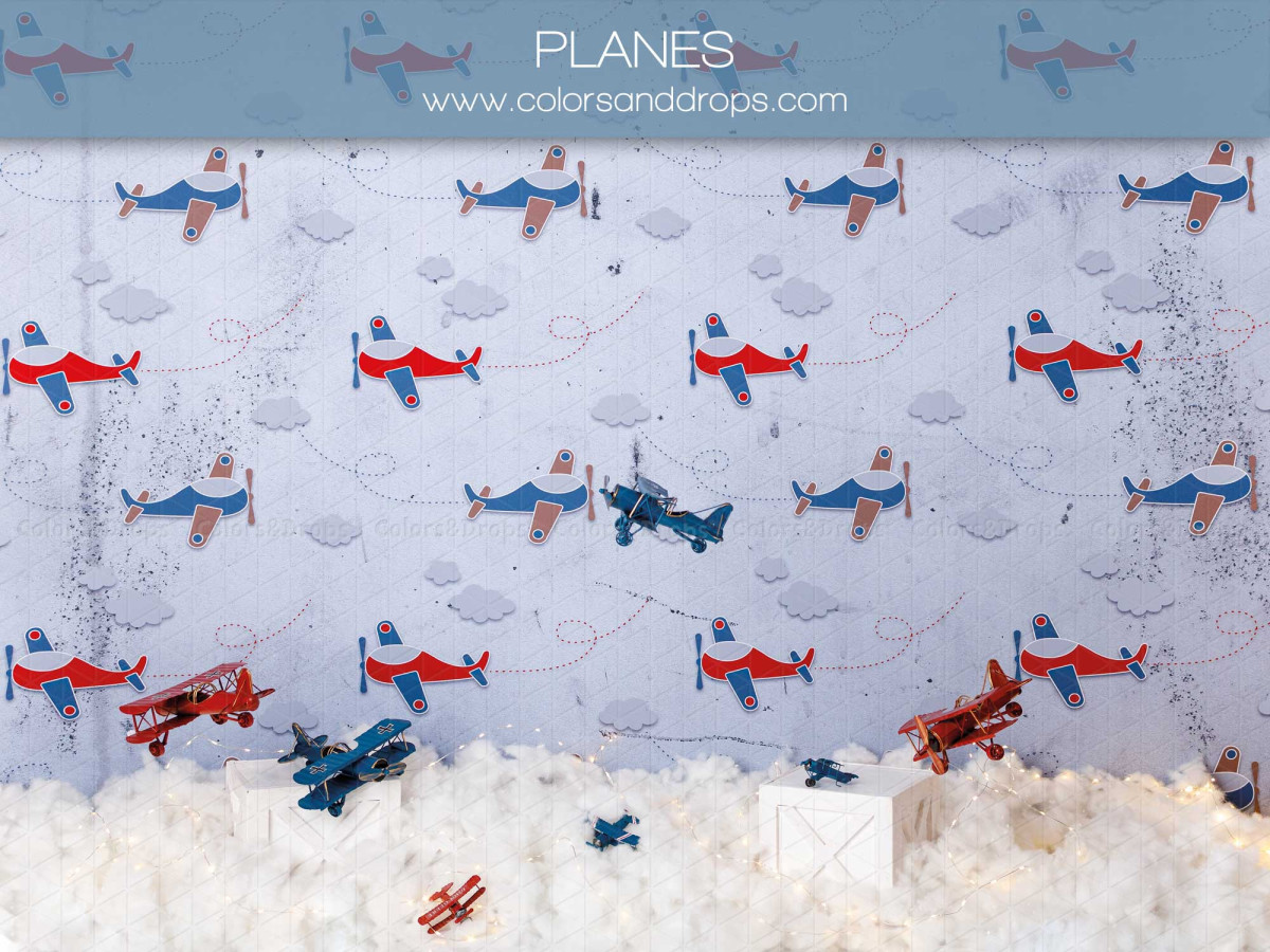 Baby & cake smash photo backdrop Planes – vintage airplane wallpaper with cotton clouds | Colors&Drops
