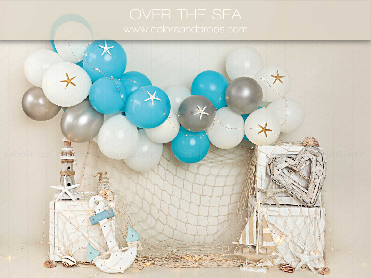 Baby & cake smash photo backdrop Over the Sea – nautical set with balloon arch, net and anchor | Colors&Drops