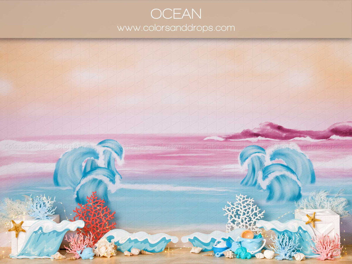 Fondo fotográfico de bebé y smash cake Ocean – playa pintada al atardecer con olas y corales | Colors&Drops