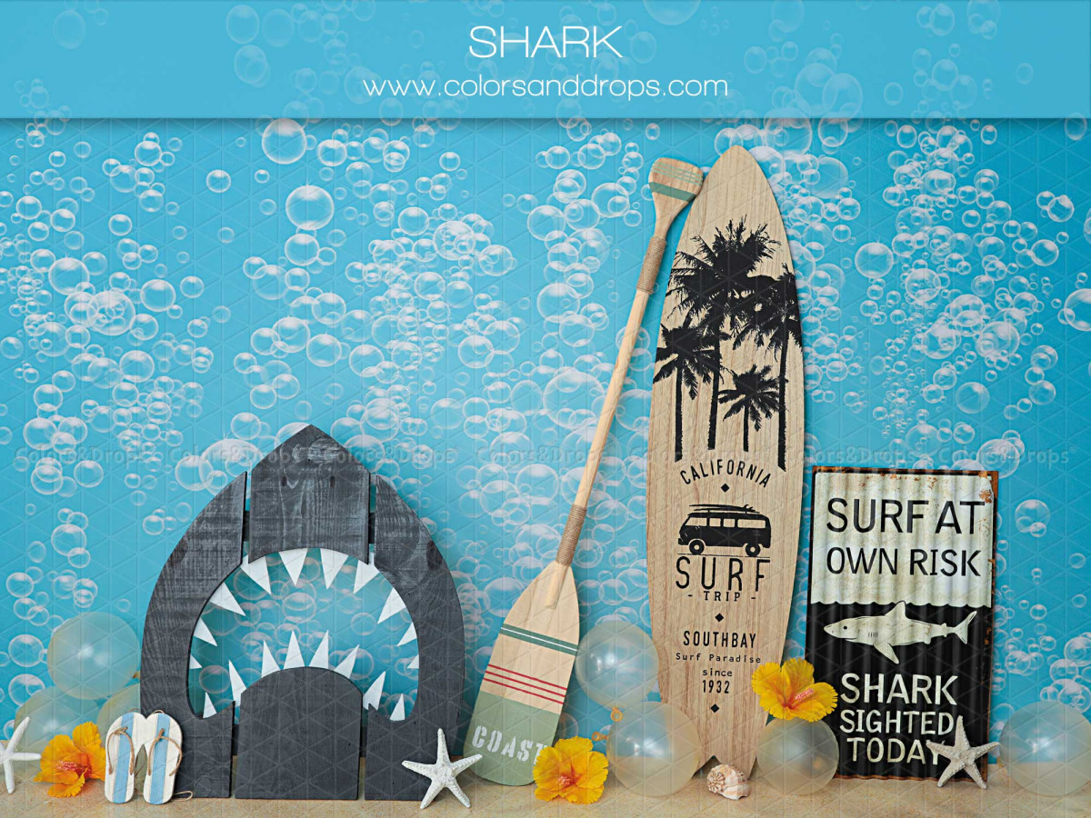 Baby & cake smash photo backdrop Skark – underwater shark set with surfboard and bubbles | Colors&Drops