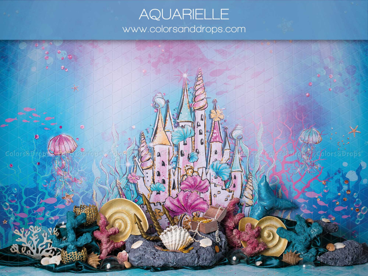 Fond photo bébé et smash cake Aquarielle – château de sirène sous-marin avec coquillages | Colors&Drops