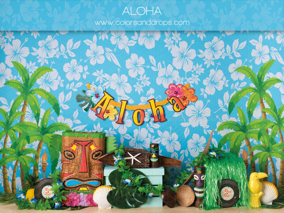 Fond photo bébé et smash cake Aloha – décor hawaïen aloha avec palmiers et masque tiki | Colors&Drops