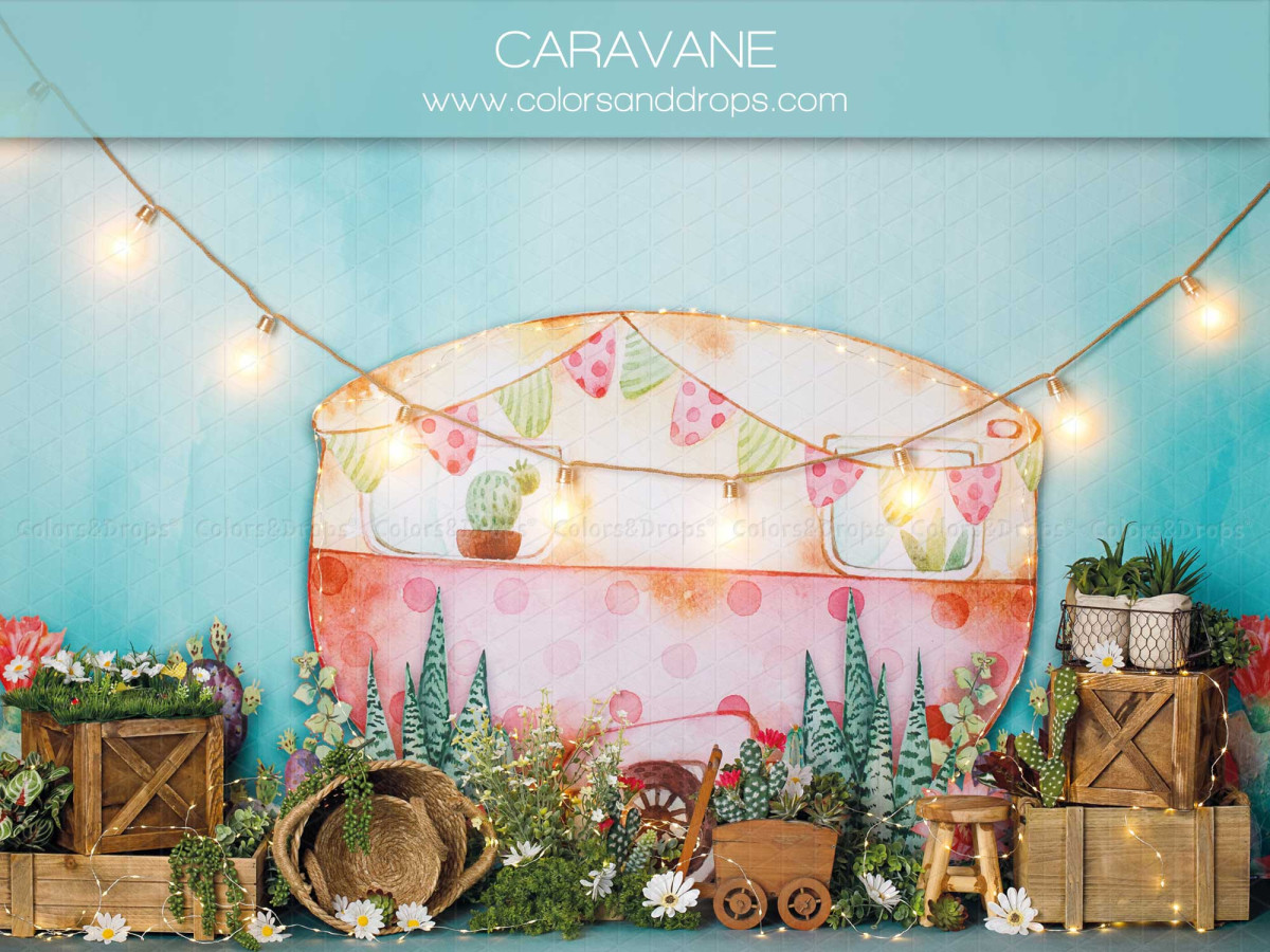 Fondo fotográfico de bebé y smash cake Caravane – caravana vintage rosa con guirnalda de luces y abetos | Colors&Drops