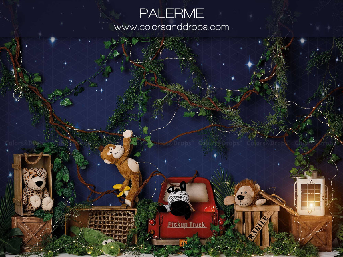 Fond photo bébé et smash cake Palerme – jungle de nuit avec singe, voiture rouge et lanternes | Colors&Drops