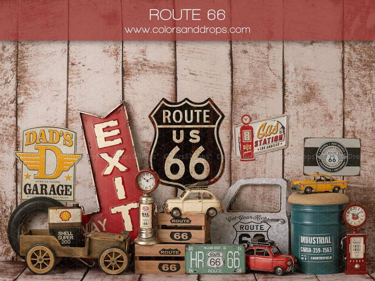 Baby & cake smash photo backdrop Route 66 – route 66 set with vintage signs and fuel can | Colors&Drops
