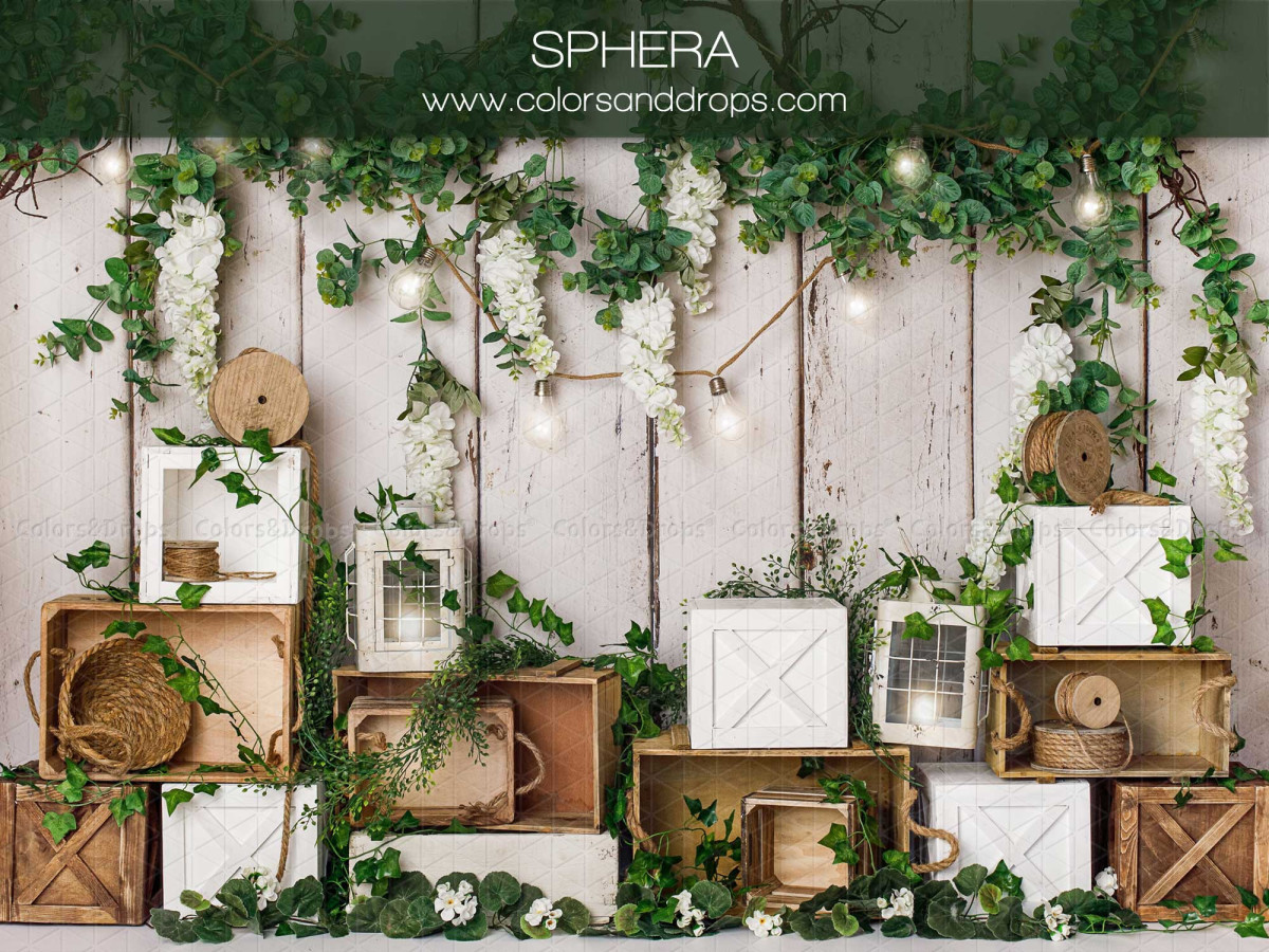 Fondo fotográfico de bebé y smash cake Sphera – pared de madera blanca con cajas, hiedra y guirnalda | Colors&Drops