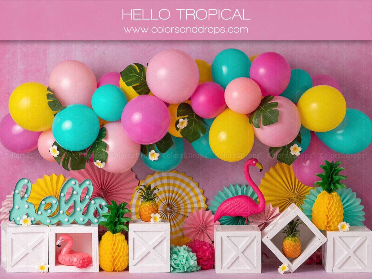 Baby & cake smash photo backdrop Hello Tropical – pink tropical set with balloons, pineapples and flamingos | Colors&Drops