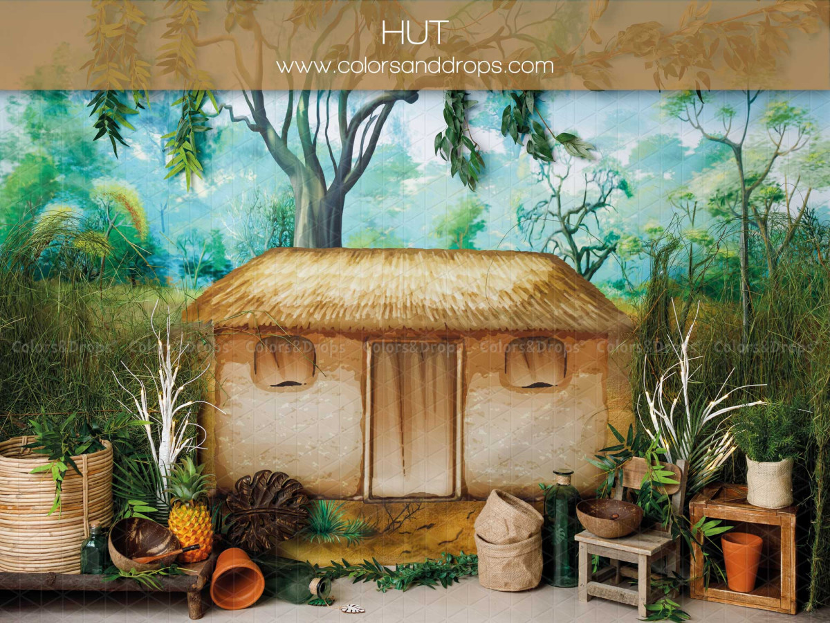 Baby & cake smash photo backdrop Hut – thatched hut in the jungle with plants | Colors&Drops
