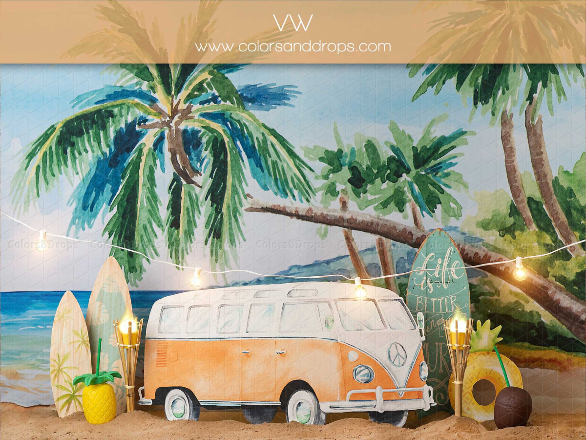Baby & cake smash photo backdrop Vwv – vintage orange van on a beach with palm trees | Colors&Drops