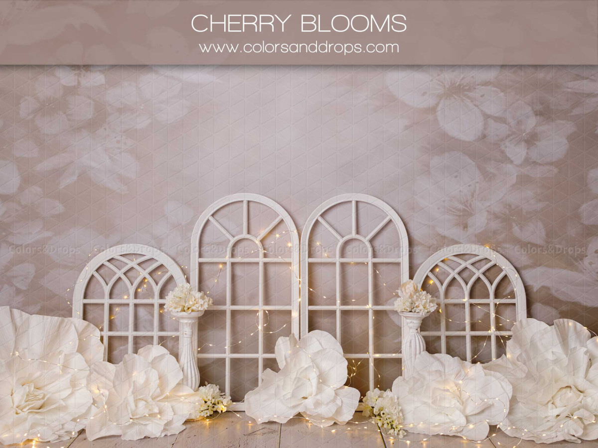 Baby & cake smash photo backdrop Cherry Blooms – white arched windows with white flowers | Colors&Drops