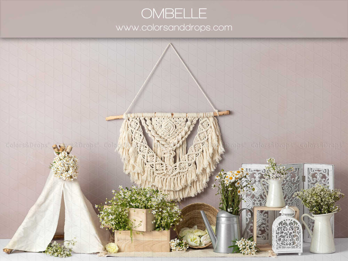 Fondo fotográfico de bebé y smash cake Ombelle – decorado bohemio con macramé, tipi y plantas | Colors&Drops