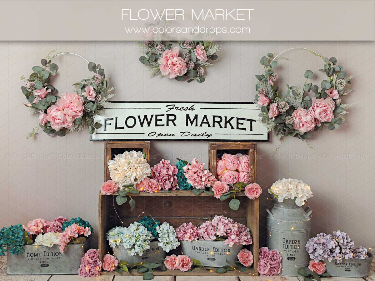 Fondo fotográfico de bebé y smash cake Flower Market – mercado de flores con cajas y coronas de rosas | Colors&Drops