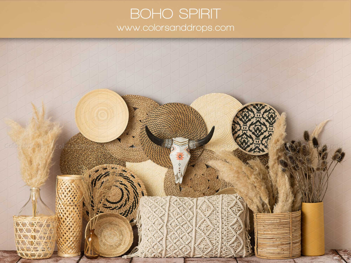 Baby & cake smash photo backdrop Boho Spirit – boho set with wall baskets, skull and pampas grass | Colors&Drops