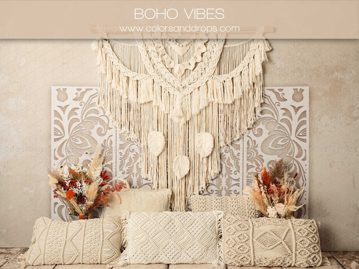 Baby & cake smash photo backdrop Boho Vibes – boho set with large macramé and cushions | Colors&Drops