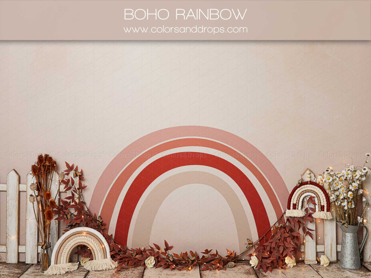 Fond photo bébé et smash cake Boho Rainbow – arc-en-ciel bohème en bois avec fleurs séchées | Colors&Drops