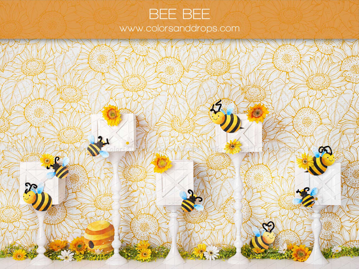 Fond photo bébé et smash cake Bee Bee – papier peint tournesols avec abeilles et ruches blanches | Colors&Drops