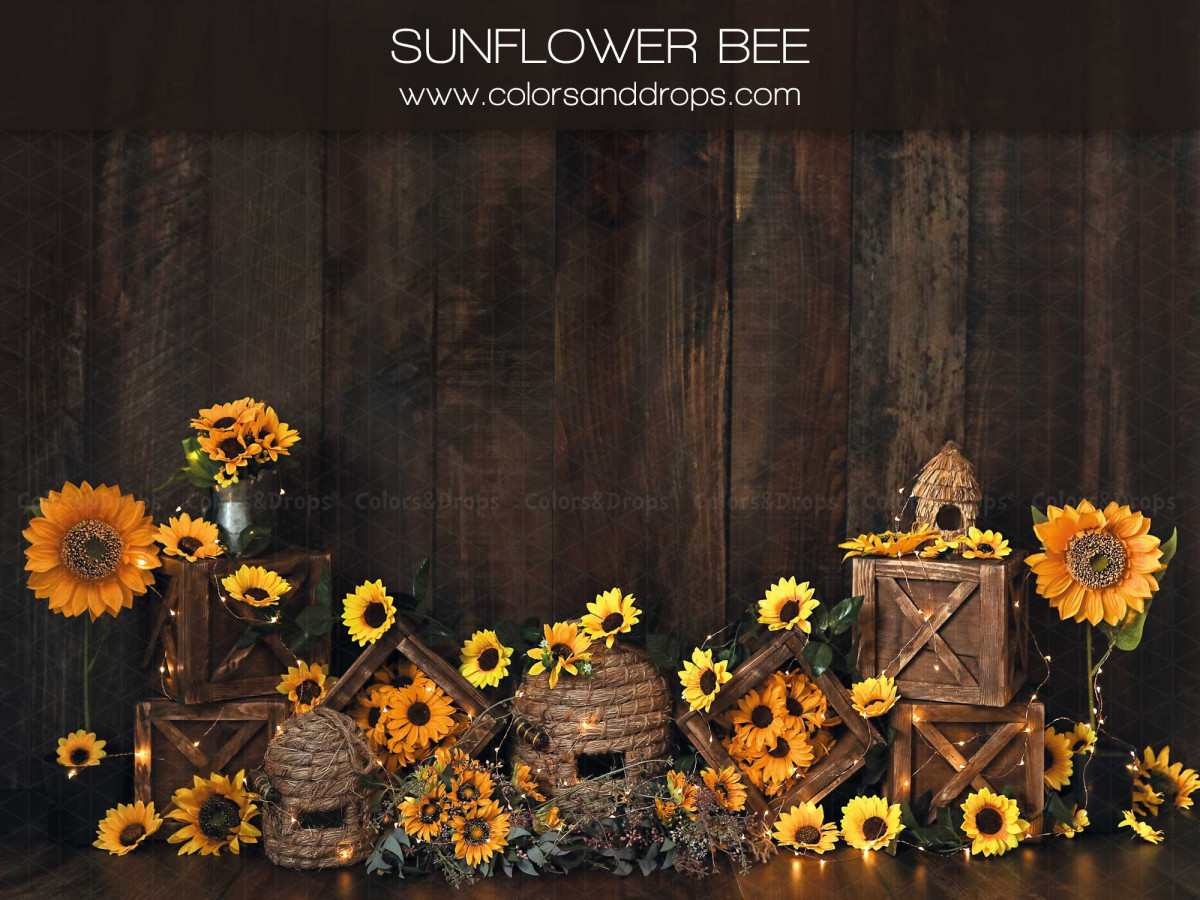 Baby & cake smash photo backdrop Sunflowerbee – sunflowers and beehives on a dark wooden wall | Colors&Drops