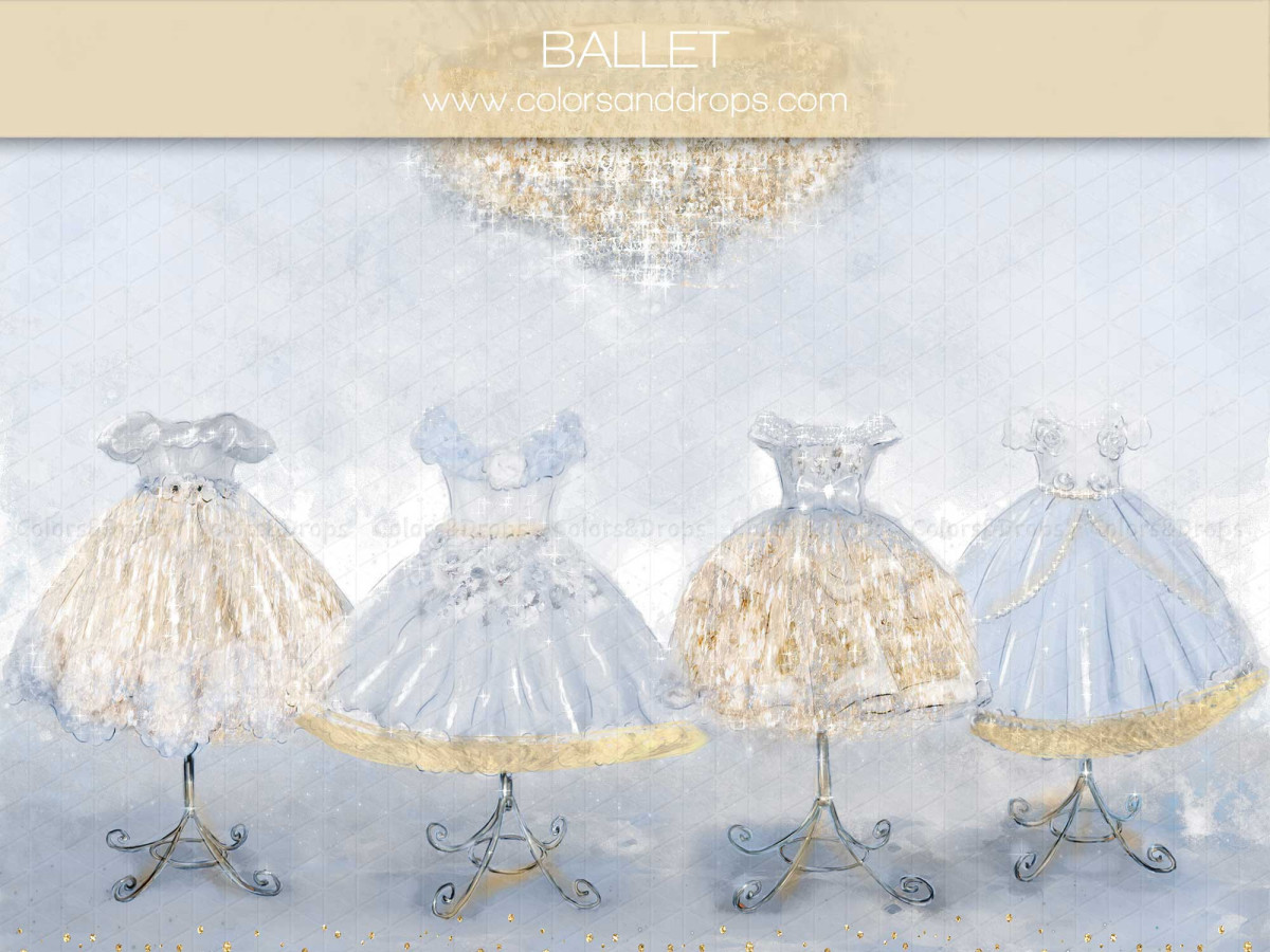 Baby & cake smash photo backdrop Balet – ballerina dresses on stands under a chandelier | Colors&Drops