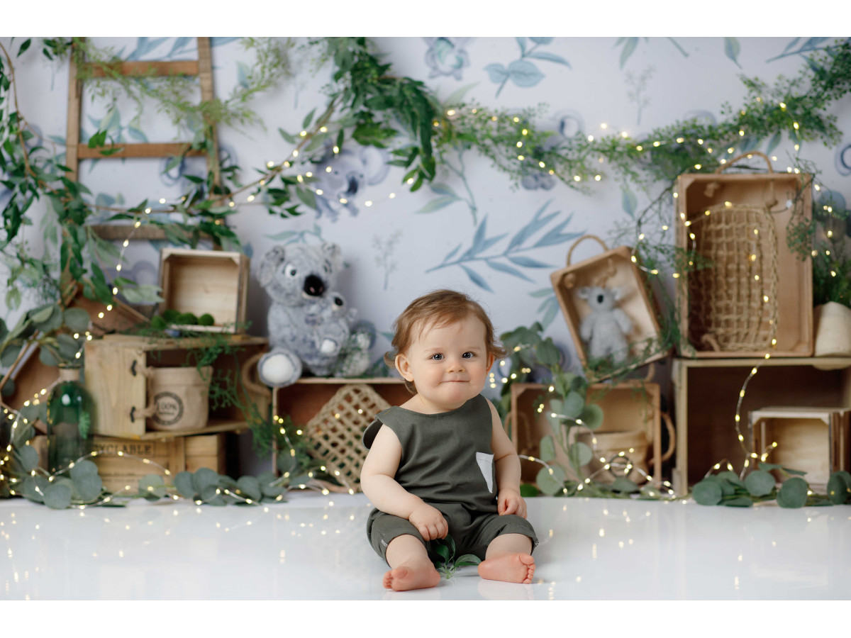 Baby & cake smash photo backdrop Eukaliptus – koala and eucalyptus wallpaper with wooden crates | Colors&Drops