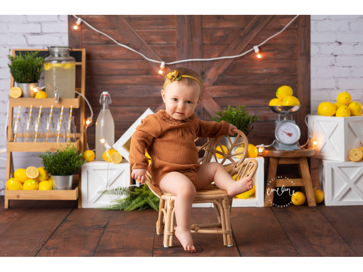 Fond photo bébé et smash cake Lemon – porte de grange en bois avec citrons et guirlande lumineuse | Colors&Drops
