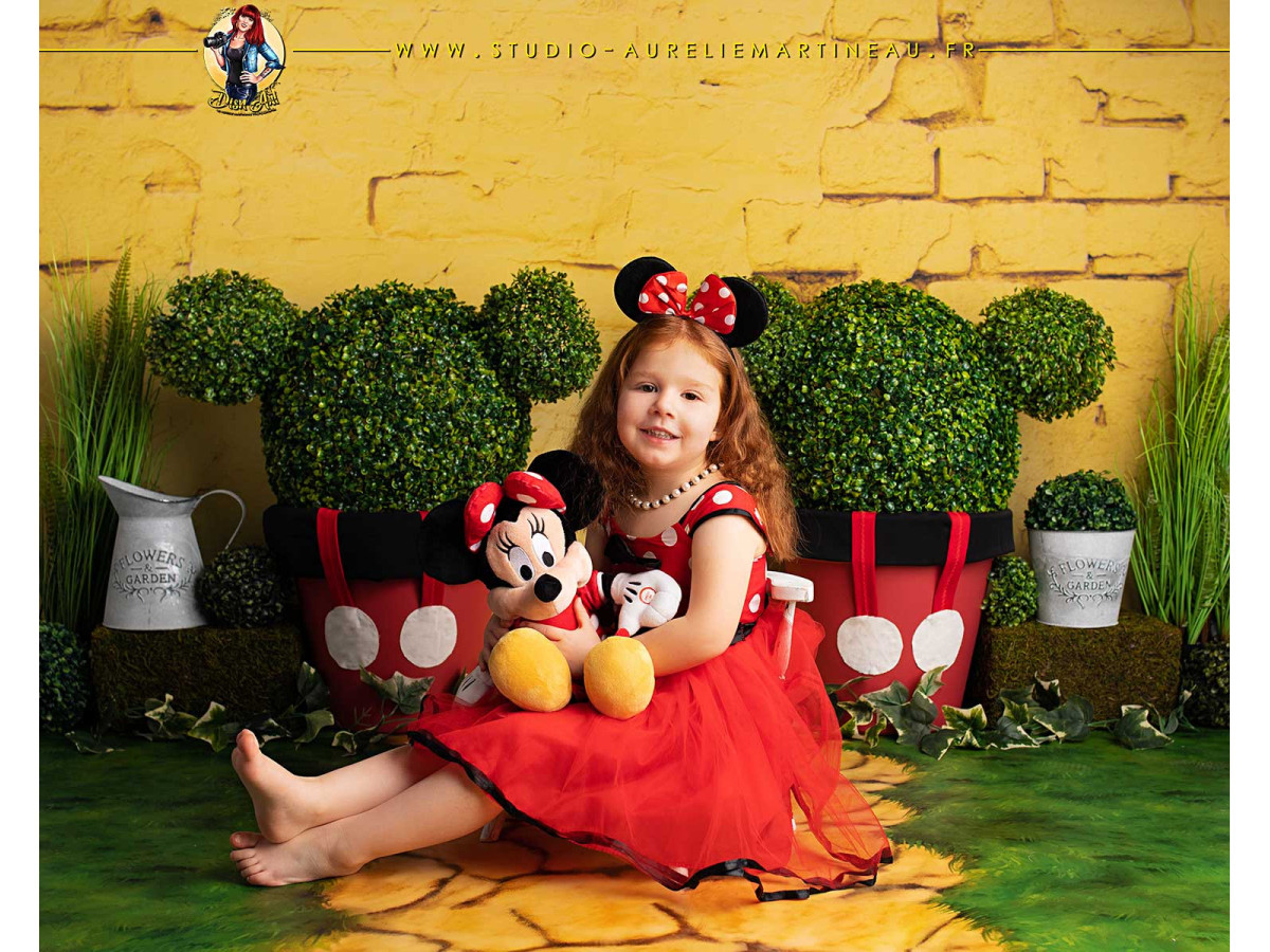 Fond photo bébé et smash cake Miky Garden – mur en brique jaune avec buissons oreilles de souris | Colors&Drops