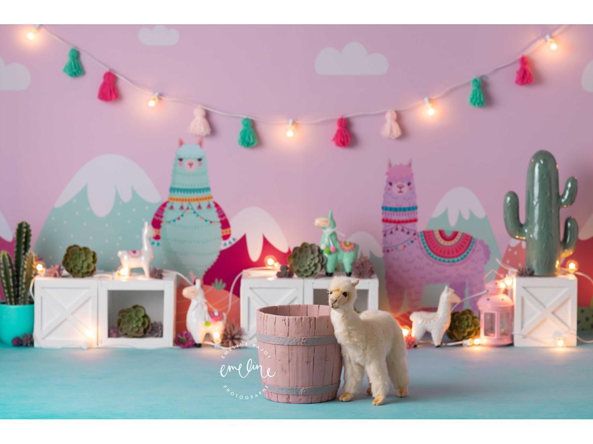 Fondo fotográfico de bebé y smash cake Perou – decorado de llamas con montañas, cactus y pompones | Colors&Drops