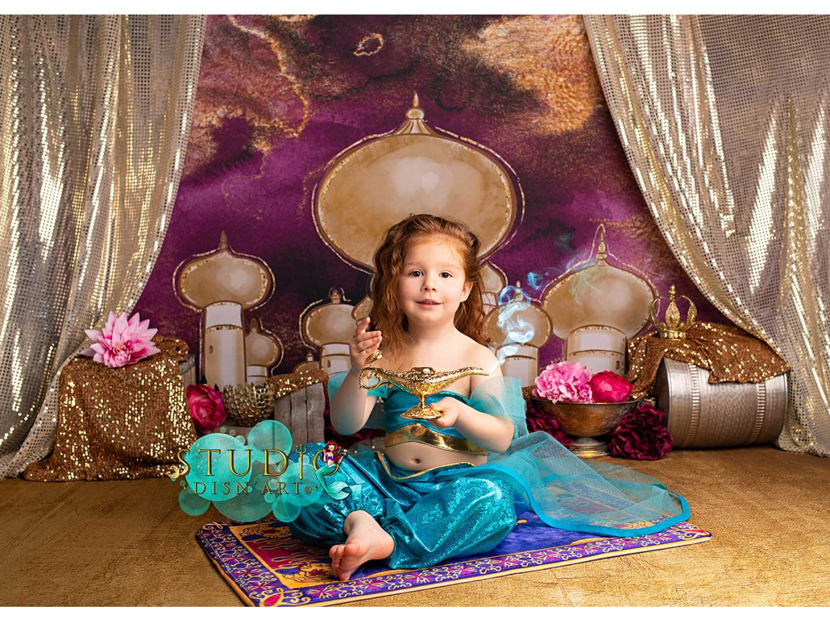Baby & cake smash photo backdrop Jasmine – golden oriental palace with curtains and rug | Colors&Drops
