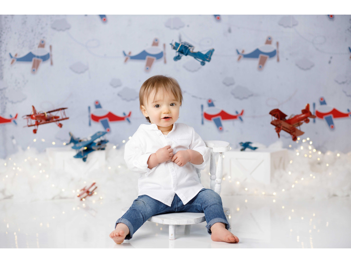 Baby & cake smash photo backdrop Planes – vintage airplane wallpaper with cotton clouds | Colors&Drops