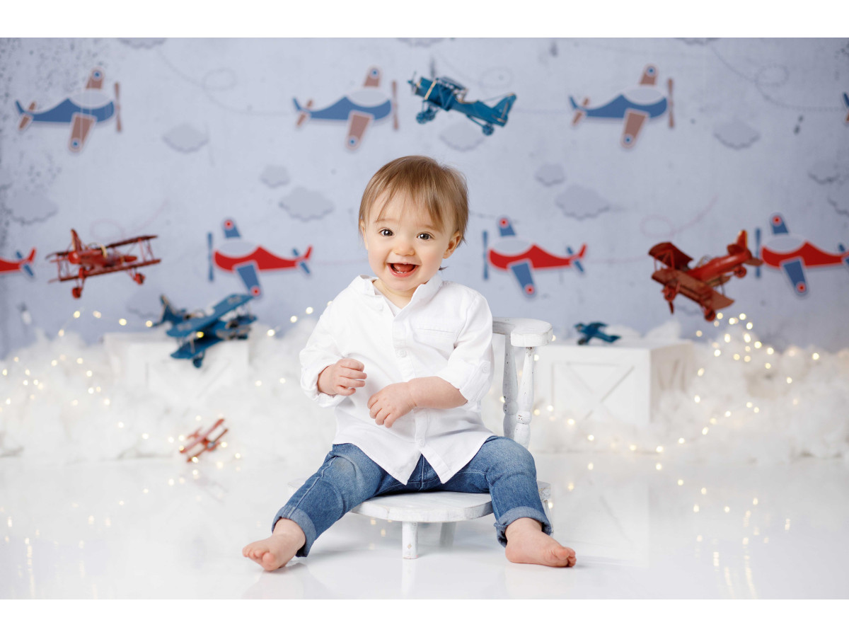 Baby & cake smash photo backdrop Planes – vintage airplane wallpaper with cotton clouds | Colors&Drops