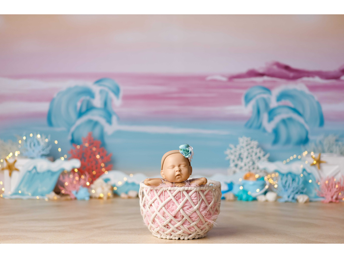 Fondo fotográfico de bebé y smash cake Ocean – playa pintada al atardecer con olas y corales | Colors&Drops