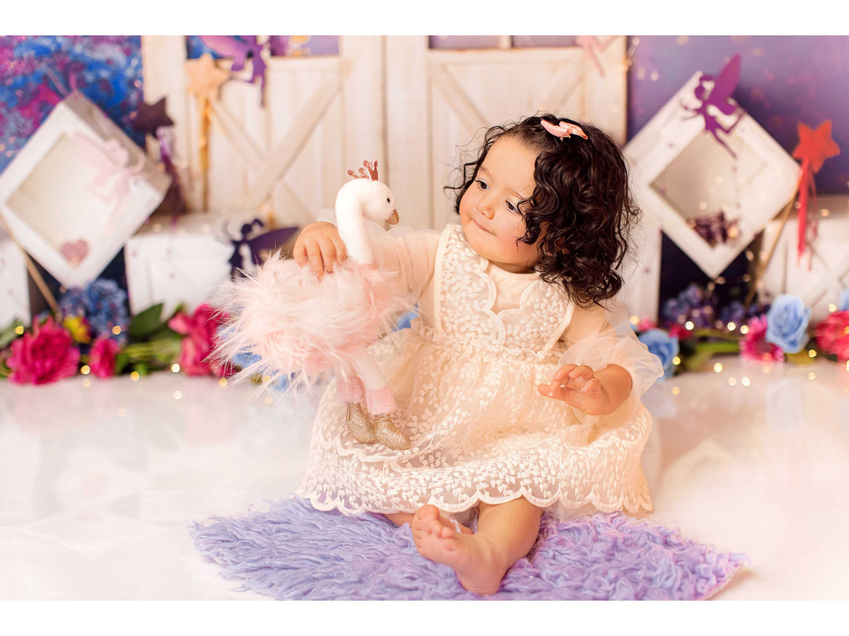 Baby & cake smash photo backdrop Fairies – wooden doors and purple tree with flowered cubes | Colors&Drops