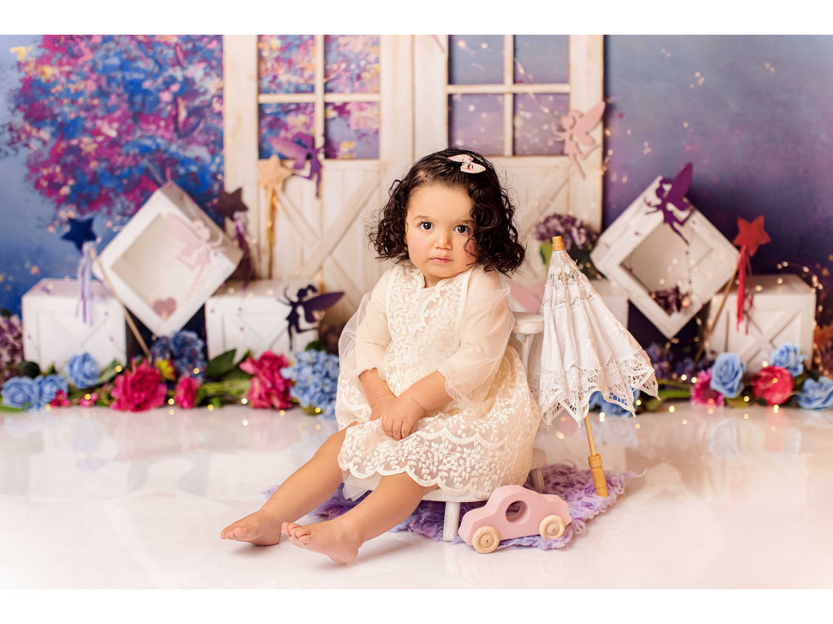 Baby & cake smash photo backdrop Fairies – wooden doors and purple tree with flowered cubes | Colors&Drops