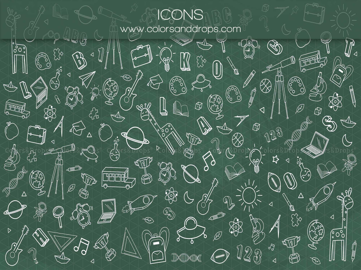 Fondo fotográfico escolar Icons – pizarra verde con dibujos escolares a tiza | Colors&Drops