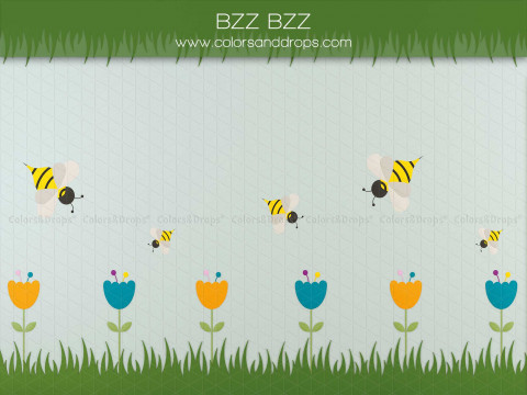 School portrait photo backdrop Bzz Bzz – white wooden wall with bees, tulips and grass | Colors&Drops